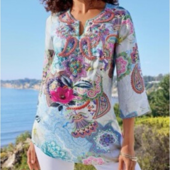Soft Surroundings Florent Paisley Satin Embellished Tunic Top Mini Dress X-Small - Picture 8 of 8